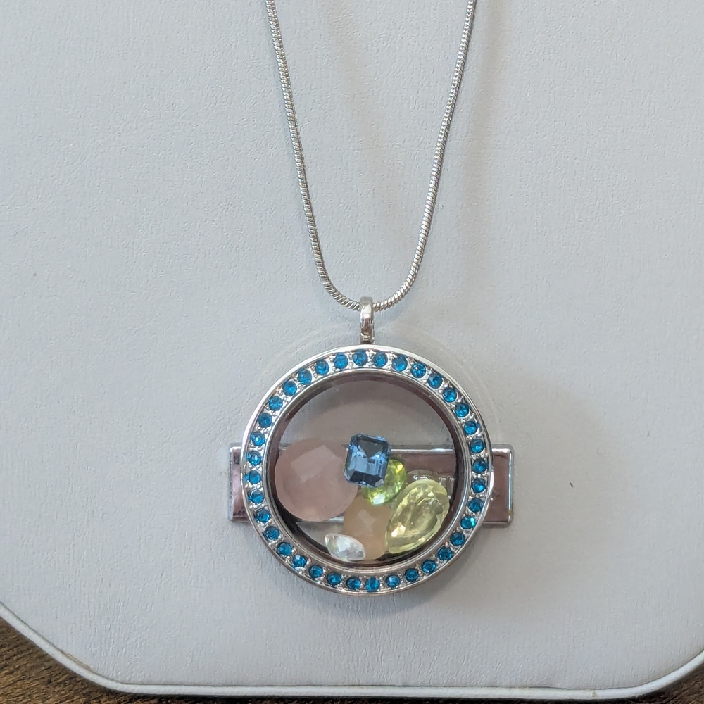 Elegant Long Silver Pendant Locket Necklace with Blue Accents